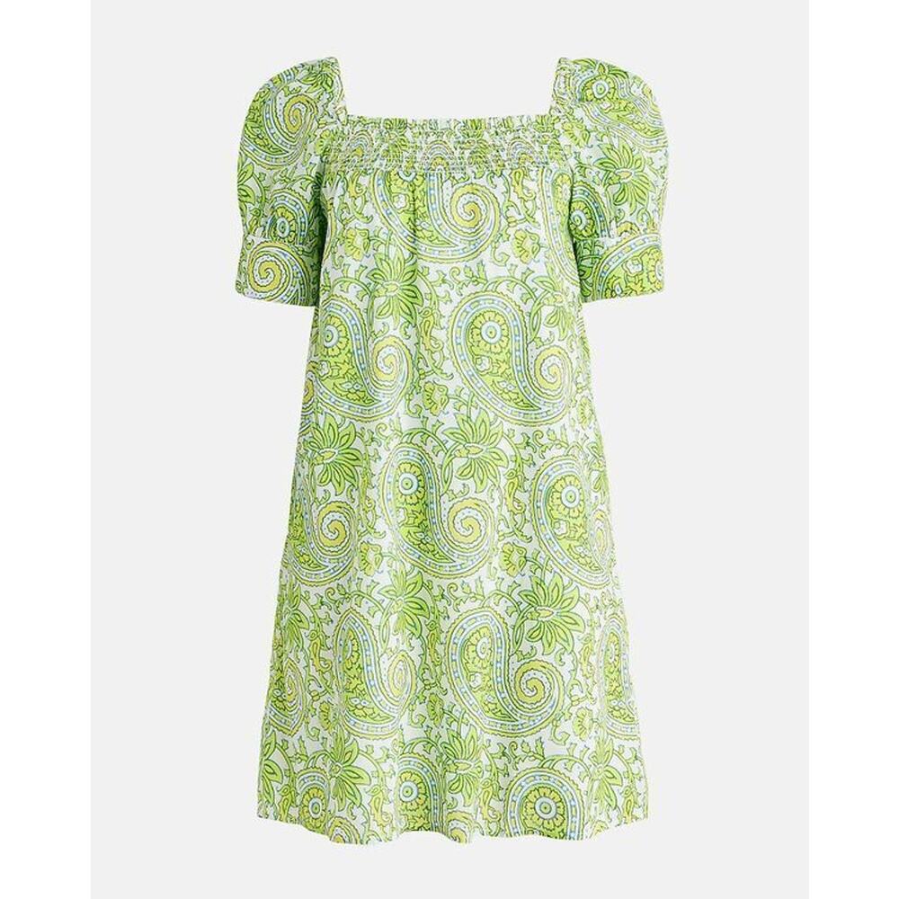 JCREW SZ Blockprints X J.Crew squareneck puff-sleeve green mini dress SIZE XL